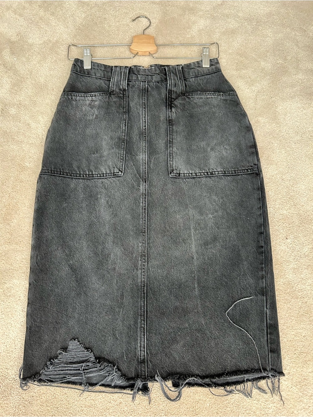 Free People Washed Black Distressed Denim Pencil Skirt 0